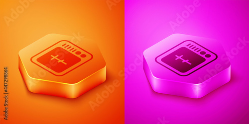 Isometric Online church pastor preaching video streaming icon isolated on orange and pink background. Online church of Jesus Christ. Hexagon button. Vector