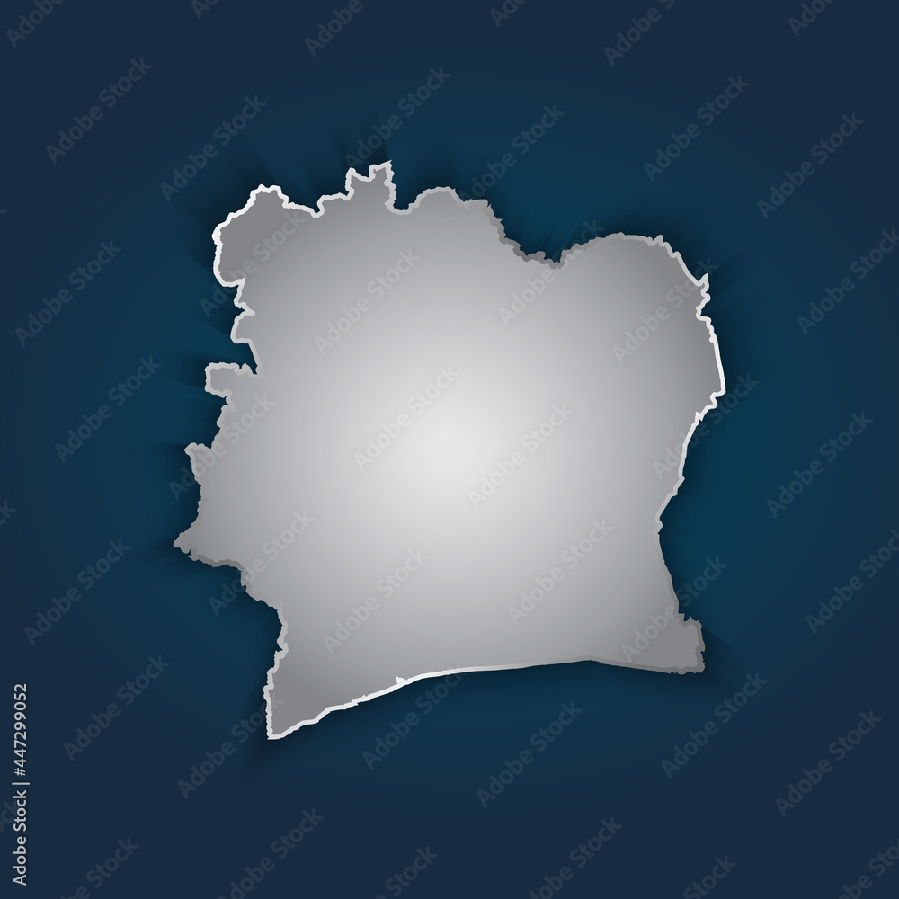 Ivory Coast map 3D metallic silver with chrome, shine gradient on dark blue background. Vector illustration EPS10.