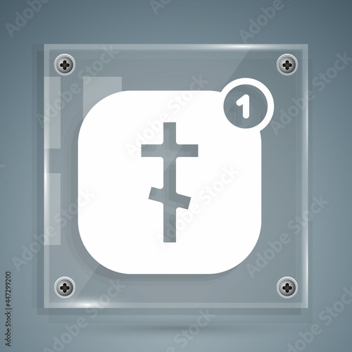 White Online church pastor preaching video streaming icon isolated on grey background. Online church of Jesus Christ. Square glass panels. Vector
