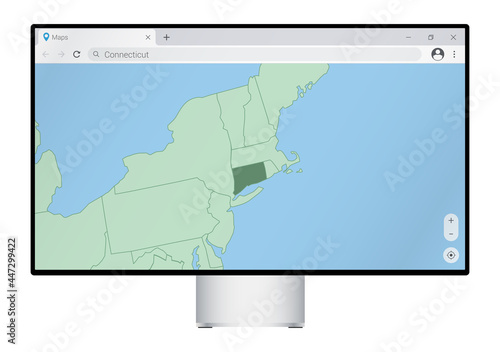 Computer monitor with map of Connecticut in browser, search for the country of Connecticut on the web mapping program.