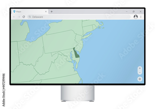 Computer monitor with map of Delaware in browser, search for the country of Delaware on the web mapping program.