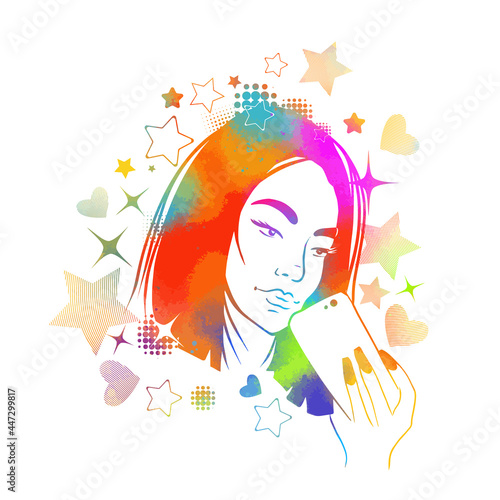 A rainbow girl takes a selfie. Mixed media. Multi-colored vector illustration