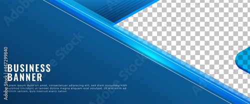 Business banner template design. Editable modern horizontal banner with blue frame and place for photo.
