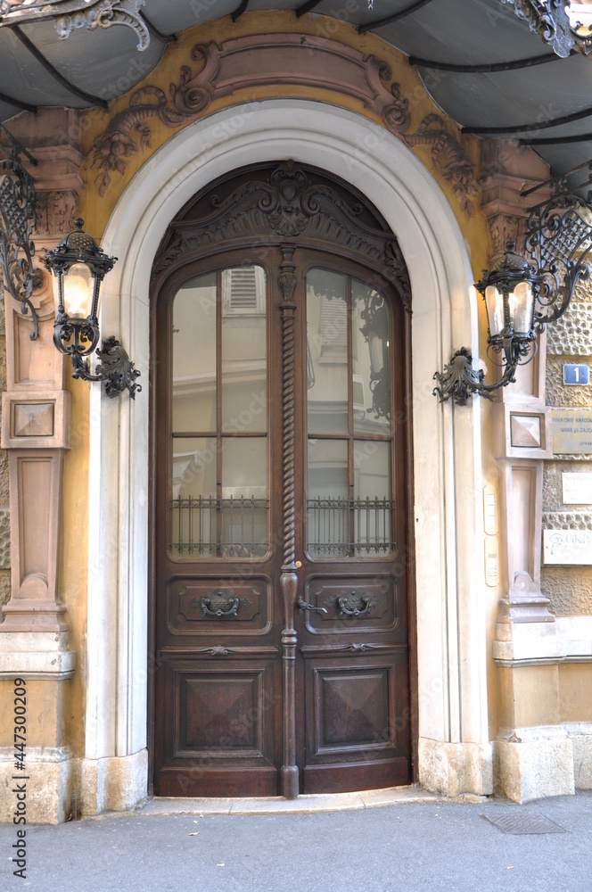 Entrance to the old building. Wooden brown baroque door

