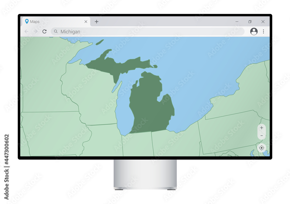 Computer monitor with map of Michigan in browser, search for the country of Michigan on the web mapping program. Computer monitor with map of Michigan in browser, search for the country of Michigan on the web mapping program.