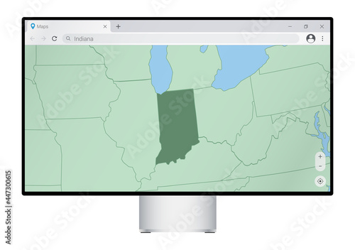 Computer monitor with map of Indiana in browser, search for the country of Indiana on the web mapping program.
