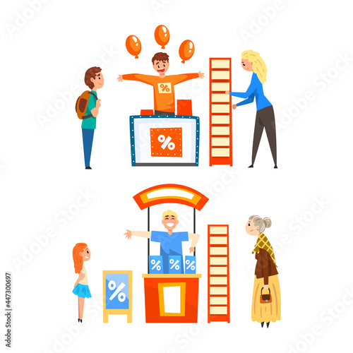 Promoters Advertising Products or Services to Walking People Set, Consultants Standing at Commercial Promotional Stands at Trade Show Cartoon Vector Illustration