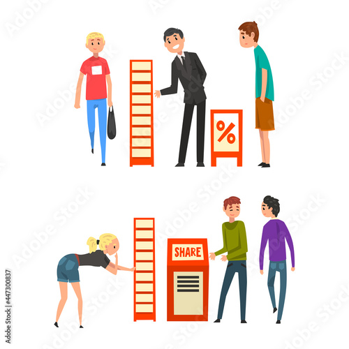 Promoters Advertising Products or Services to Walking People at Trade Show Set, Consultants Standing at Commercial Promotional Stands Cartoon Vector Illustration