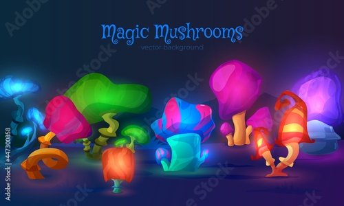 Beautiful banner with magic fantasy mushrooms of fabulous or alien nature.