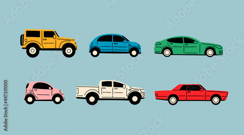 Fototapeta Naklejka Na Ścianę i Meble -  Various Cars. Different types of cars: sedan, SUV, pickup, coupe, hatchback, retro car. Automobile, motor transport concept. Cartoon style. Hand drawn trendy Vector illustration. Every car is isolated