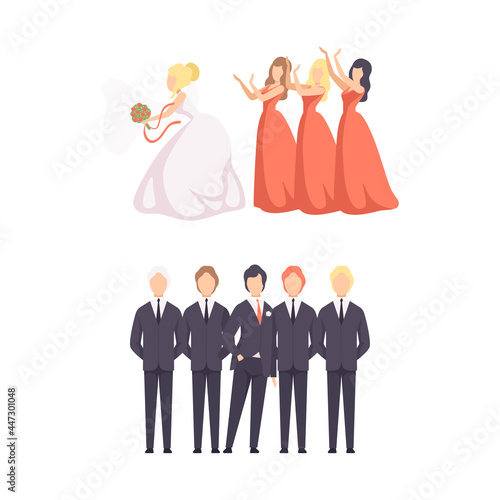 Wedding Ceremony Set, Bride and Groom Celebrating Marriage with Bridesmaids Flat Vector Illustration