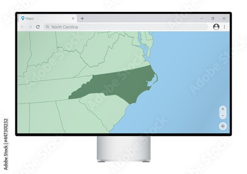 Computer monitor with map of North Carolina in browser, search for the country of North Carolina on the web mapping program.