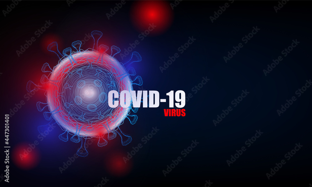 Dark background with bacteria and the inscription coronavirus COVID-2019 on a blue Abstract bokeh Light background vector design .