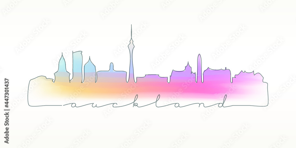 Auckland, New Zealand Skyline Watercolor City Illustration. Famous