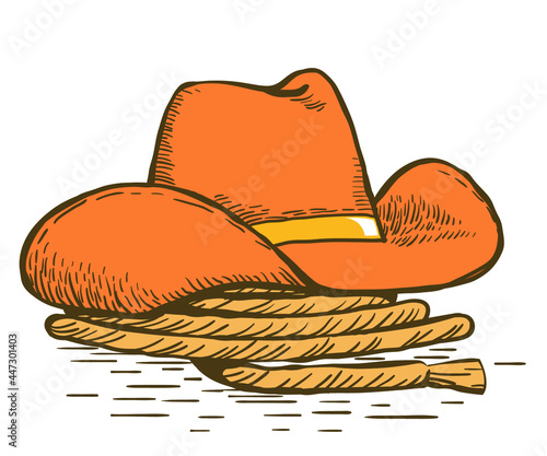 Cowboy brown hat and lasso. Vector vintage hand drawn illustration of Cowboy Ranch Concept isolated on white.