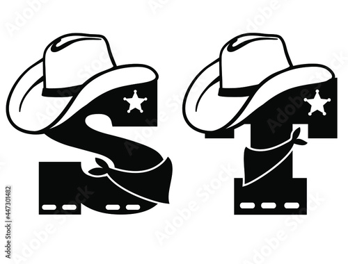 English alphabet black silhouette. Vector illustration of letter S and T with western decoration Cowboy hat and sheriff star isolated on white background. Cowboy baby cartoon party style characters photo