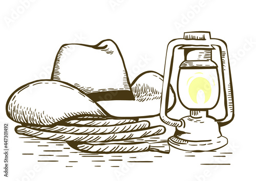 Cowboy hat and lasso on farm. Vector vintage hand drawn illustration of Cowboy Ranch Concept isolated on white.