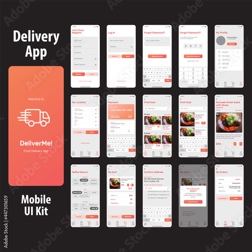 Delivery Mobile App Ui Kit - Set of screens with replaceable text