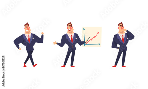 Successful Businessman Character Set, Funny Strong Muscular Businessman in Actions Cartoon Vector Illustration