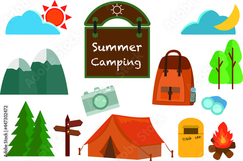Icon summer camp activities items. Drawing object cartoon symbol for holiday set. Adventure outdoor travel nature forest vacation with backpack in vector. Illustration design icon picnic, tent, tree.