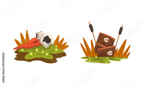 Environmental Pollution Set, Pollution of Water with Hazardous Radioactive Industrial Waste Cartoon Vector Illustration