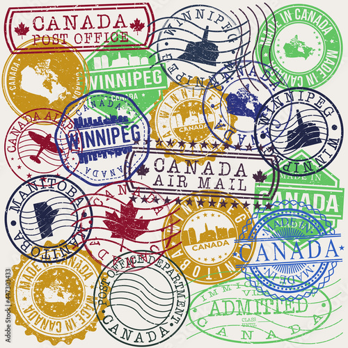 Winnipeg, MB, Canada Set of Stamps. Travel Stamp. Made In Product. Design Seals Old Style Insignia.