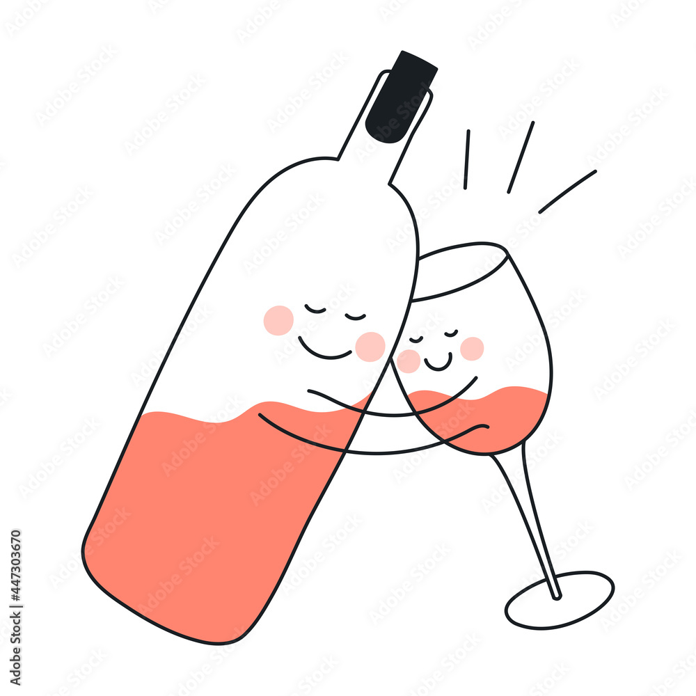 A cute cartoon wine bottle is hugging with a wine glass. Romantic  relationship, interconnected pair. Thin line funny characters on white  background. Stock Vector | Adobe Stock