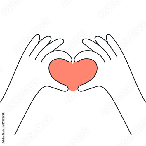 Hands are making heart with fingers. Care, love and empathy concept. Thin line vector illustration on isolated white background.