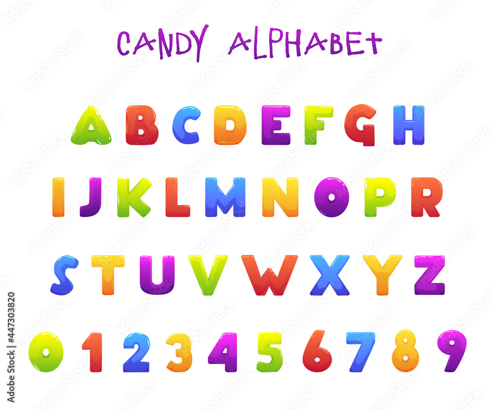Candy alphabet funny font for kids, flat cartoon vector illustration isolated.