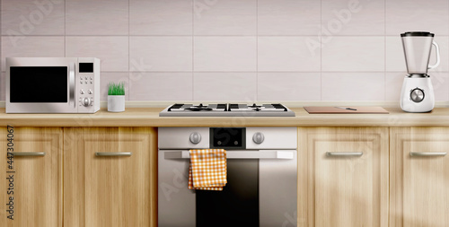 Kitchen interior with gas stove and microwave