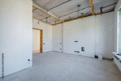 Empty unfurnished room with minimal preparatory repairs. interior with white walls and drywall