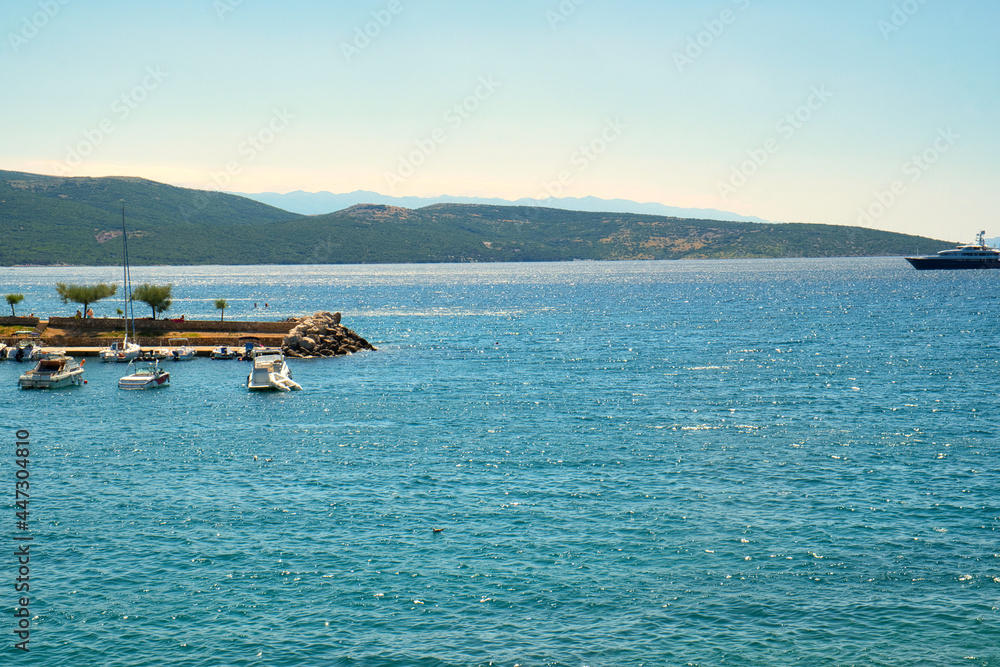 Beautiful panoramic seascape of Adriatic sea marina, yachts and old fort of Krk town on Croatia island Krk Beautiful panoramic seascape of Adriatic sea marina, yachts and old fort of Krk town on Croatia island Krk