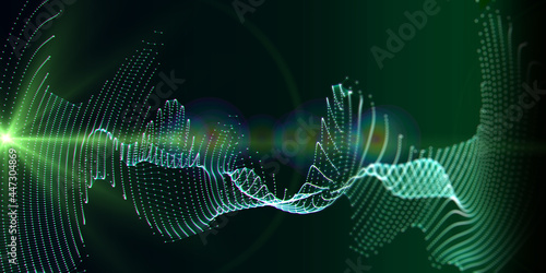 Abstract technology background with wavy grid in defocus and light effects on dark. Concept for business, science and technology.