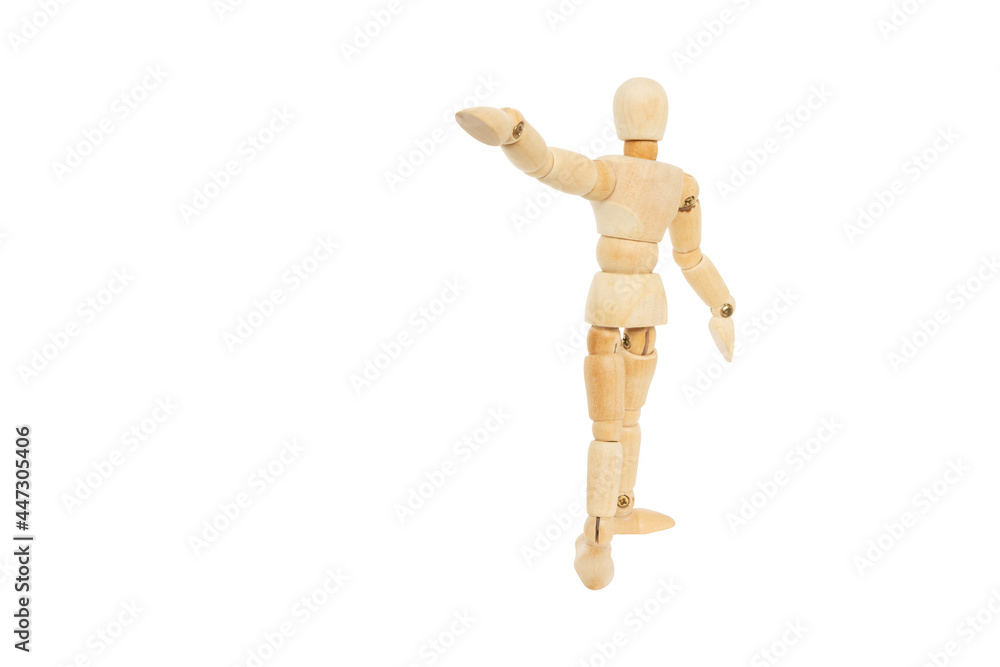 Wooden humanoid puppets perform gestures to express meaning such as pointing a hand forward Leadership or showing commitment to achieving goals isolated on white background Wooden humanoid puppets perform gestures to express meaning such as pointing a hand forward Leadership or showing commitment to achieving goals isolated on white background