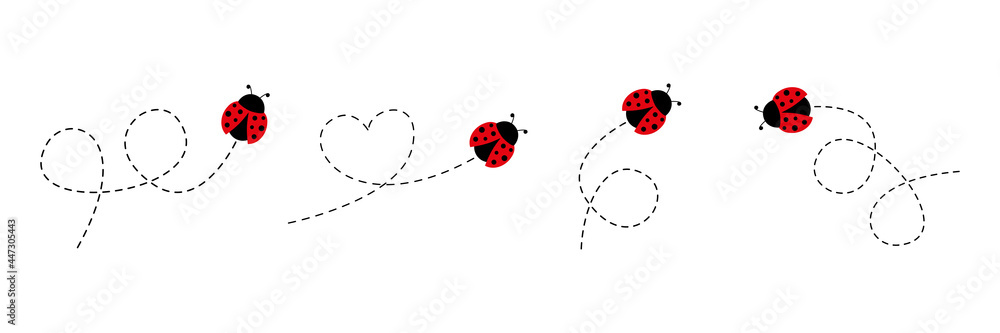 Cute ladybug icon set. Ladybugs flying on dotted route. Cartoon ladybirds with open wings. Vector isolated on white background. - obrazy, fototapety, plakaty 