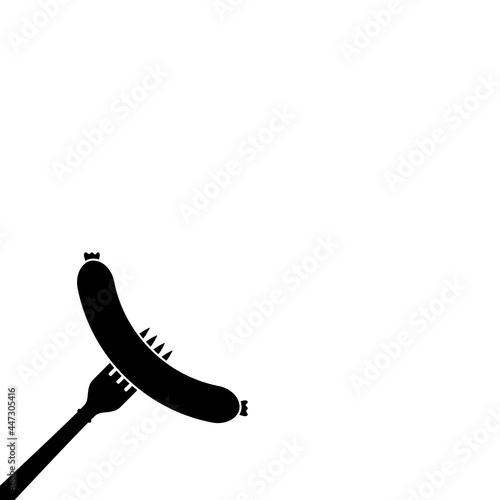 Fried sausage and fork. Food theme. Isolated vector illustration drawing on a blank background. Black and white silhouette. Space for design text, menu, poster or banner.