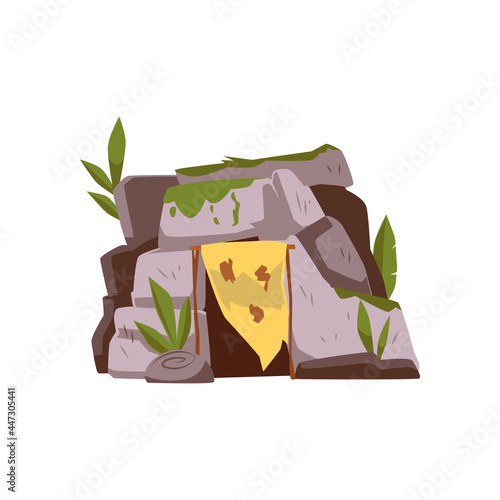 Primitive neanderthal people cave, flat cartoon vector illustration isolated.