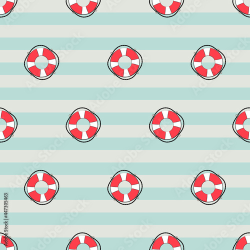 Seamless pattern red lifebuoy on blue striped background