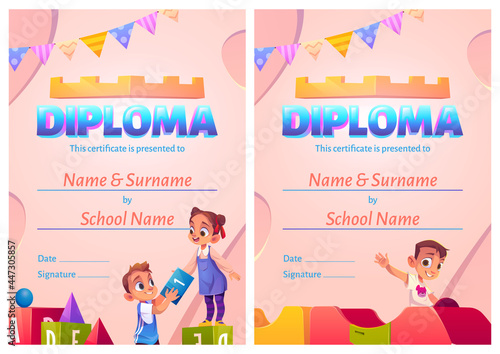 Kids diploma, cartoon certificate with children