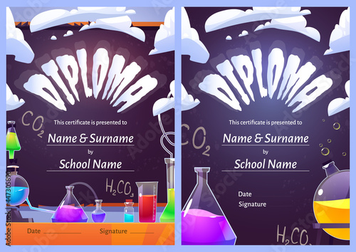 Chemistry science diploma with glass flasks, tubes