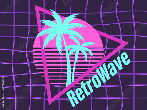 Retro sci-fi 80s palms at retro sunset. Futuristic sun with palm trees. A virtual reality. Synthwave and retrowave style. Background for printing, advertising material and banners. Vector illustration