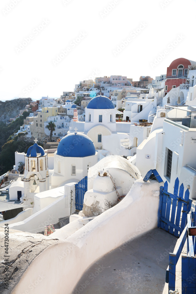 View of famous white city Oia in Santorini Greece.