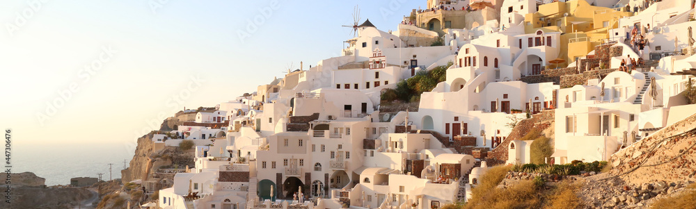 View of famous white city Oia in Santorini Greece.