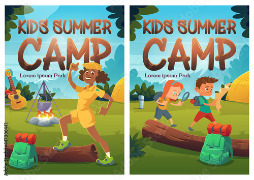 Kids summer camp cartoon posters, children hike
