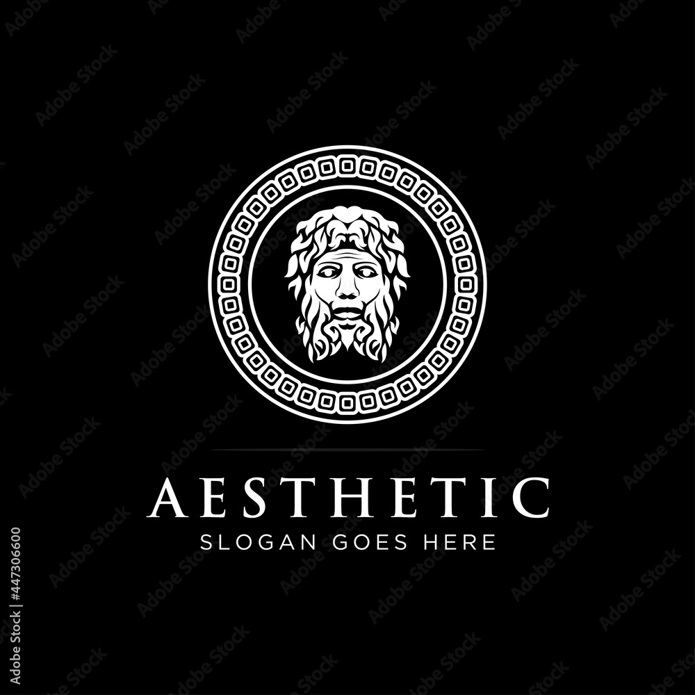 Ancient Greek God Sculpture Philosopher logo design and ornament rectangle in circle,aesthetic logo,emblems vector template in black background