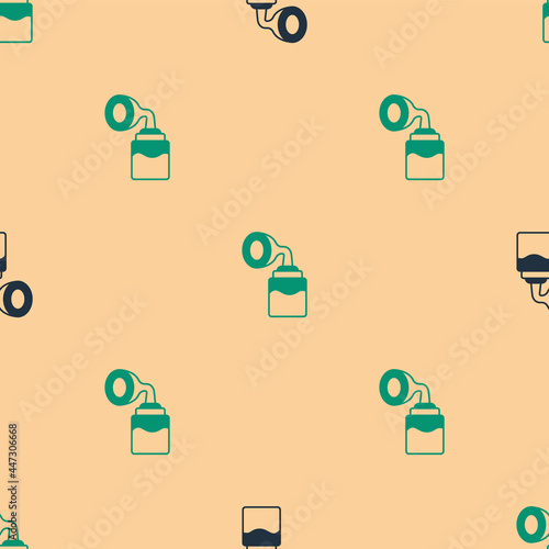 Green and black Breast pump icon isolated seamless pattern on beige background. Vector