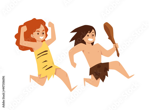Primitive stone age period children hunting, flat vector illustration isolated.