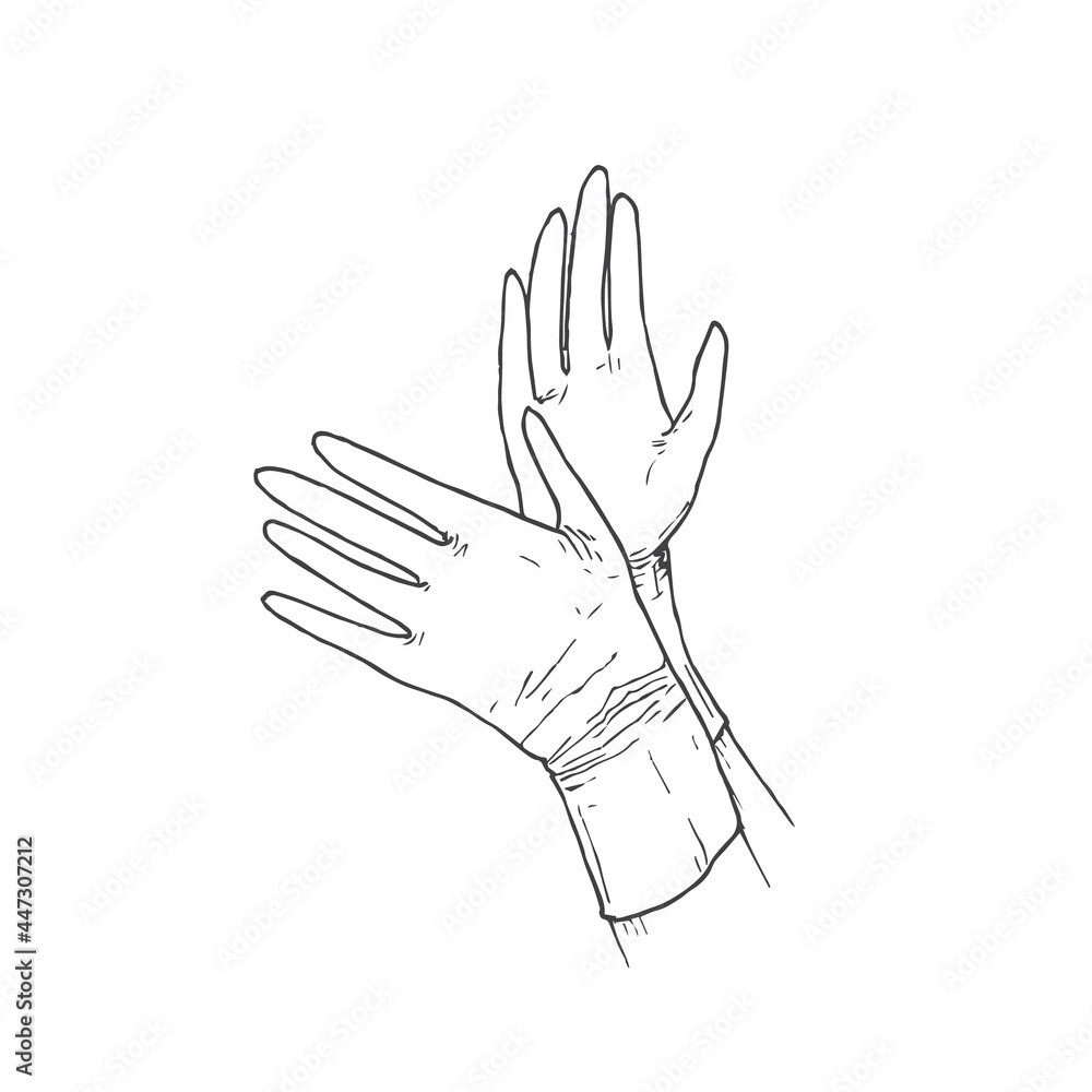 Obraz premium Hand Drawn Medical Gloves Vector Illustration. Virus Protection Doodle Sketch. Isolated