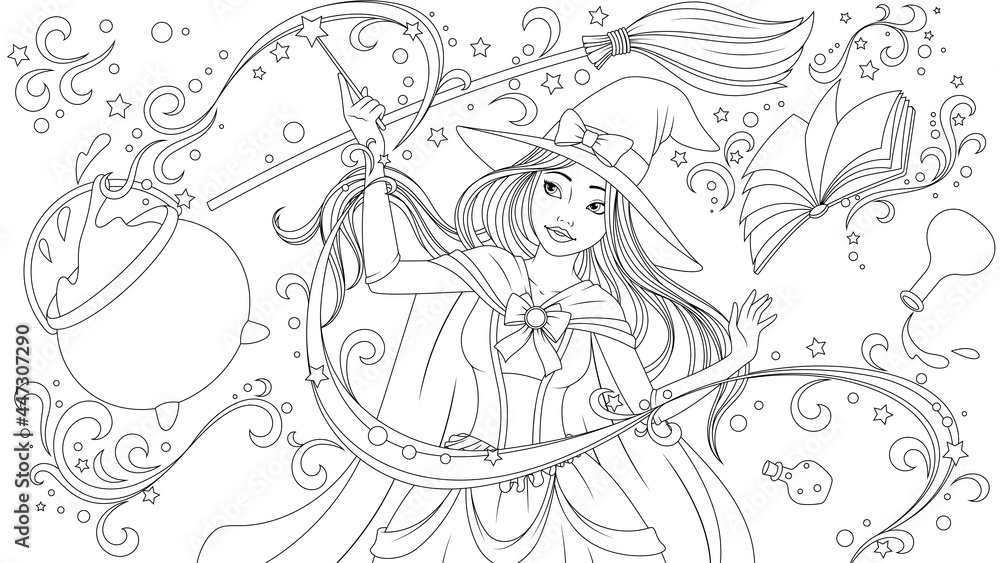 Vector illustration, a beautiful young witch learns to conjure, raises objects into the air with the help of magic