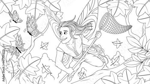 Vector graphics, a cheerful young fairy boy fairy with a butterfly net after butterflies, tries to catch